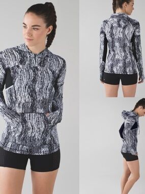 Lululemon Runbeam Lightweight UPF 50  Hoodie Black White Print Size 4 EUC
